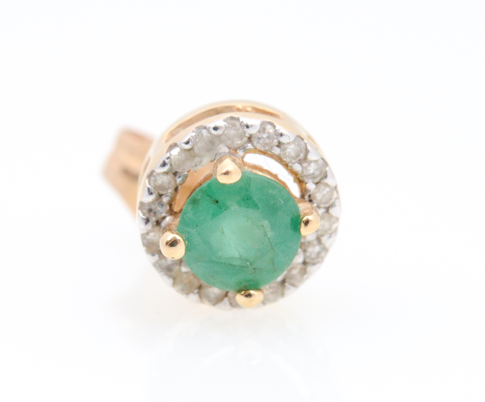 Pair of 14K Yellow Gold, Emerald and Diamond Earrings