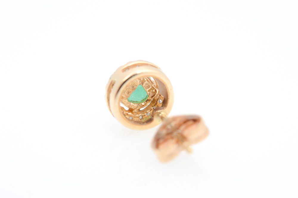 Pair of 14K Yellow Gold, Emerald and Diamond Earrings