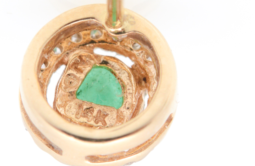 Pair of 14K Yellow Gold, Emerald and Diamond Earrings