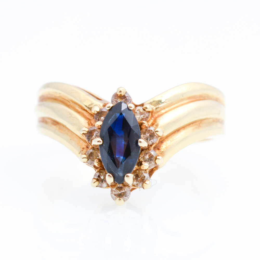 14K Yellow Gold Sapphire and 0.20 CTW Diamond Ring