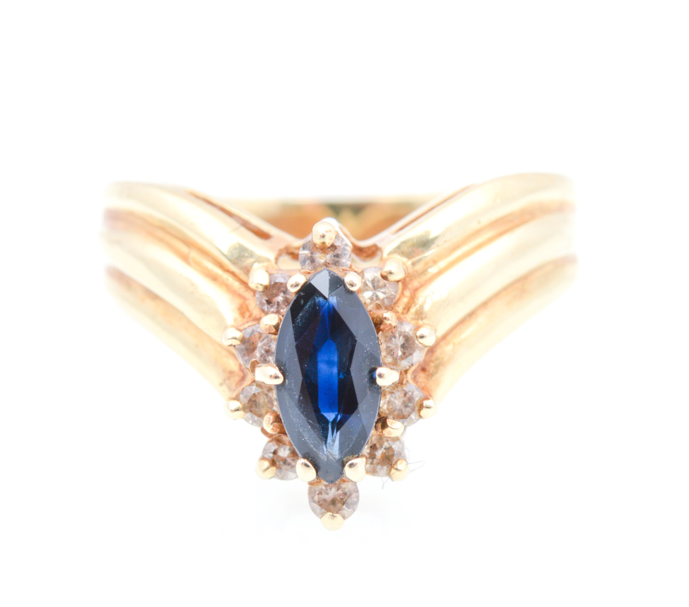 14K Yellow Gold Sapphire and 0.20 CTW Diamond Ring