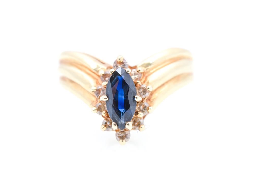 14K Yellow Gold Sapphire and 0.20 CTW Diamond Ring