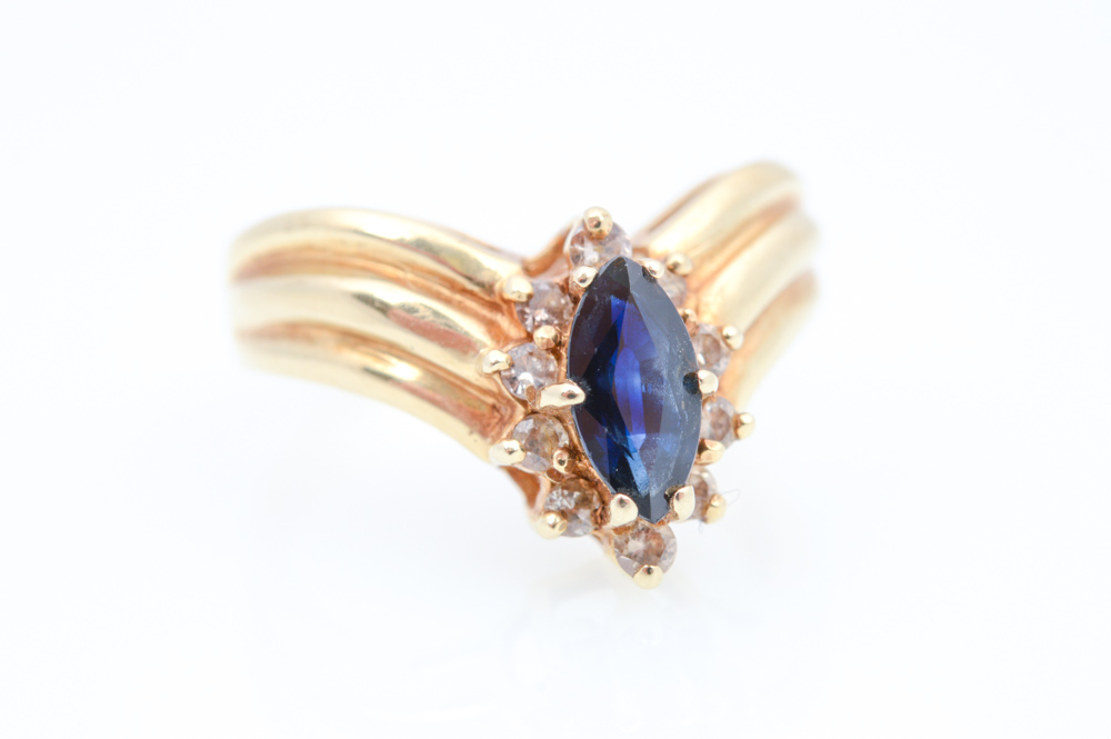 14K Yellow Gold Sapphire and 0.20 CTW Diamond Ring