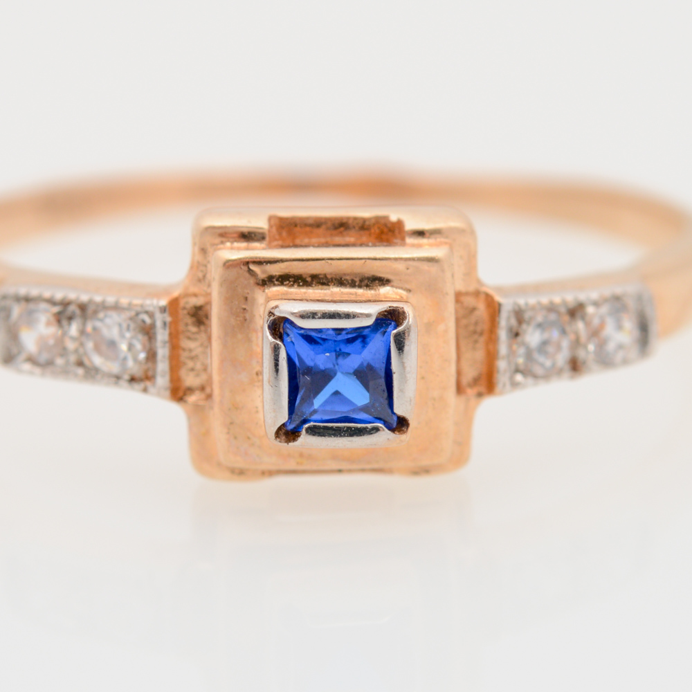 14K Yellow Gold Synthetic Sapphire and White Sapphire Ring