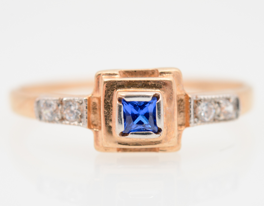 14K Yellow Gold Synthetic Sapphire and White Sapphire Ring