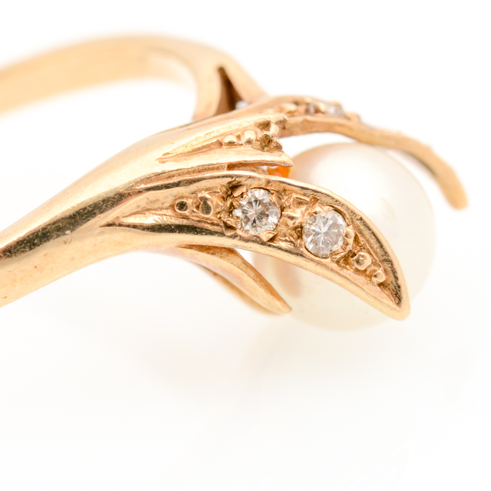 10K Yellow Gold Pearl and Diamond Ring