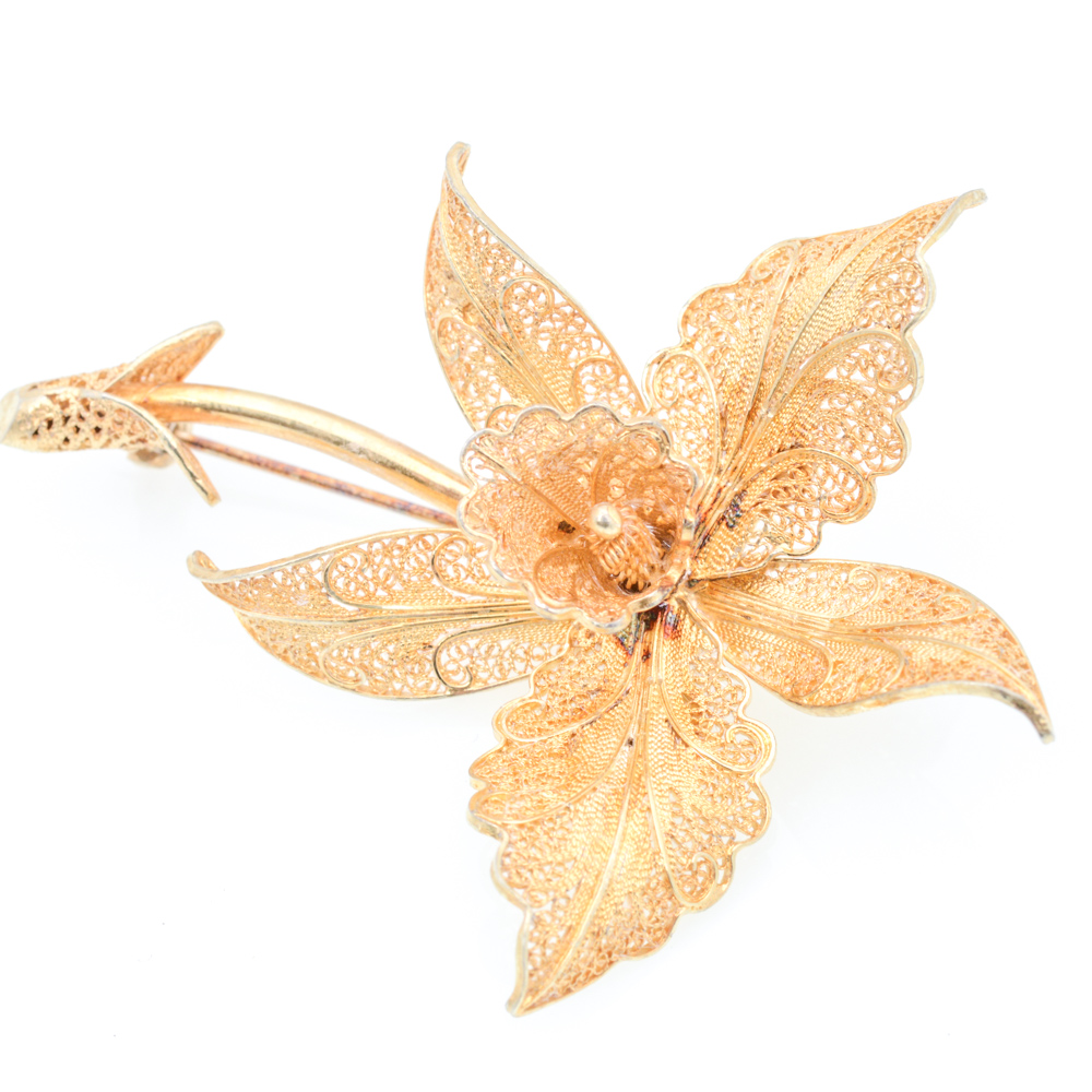 Gold Plated Sterling Silver Filigree Brooch