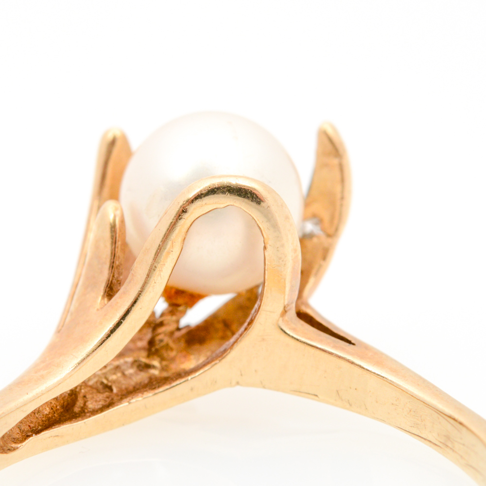 10K Yellow Gold Pearl and Diamond Ring
