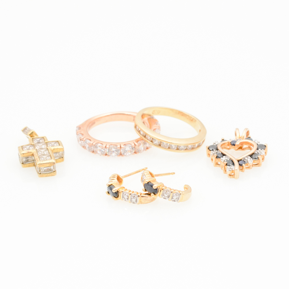 Gold Plated Sterling Silver Sapphire, Diamond, and Cubic Zirconia Jewelry