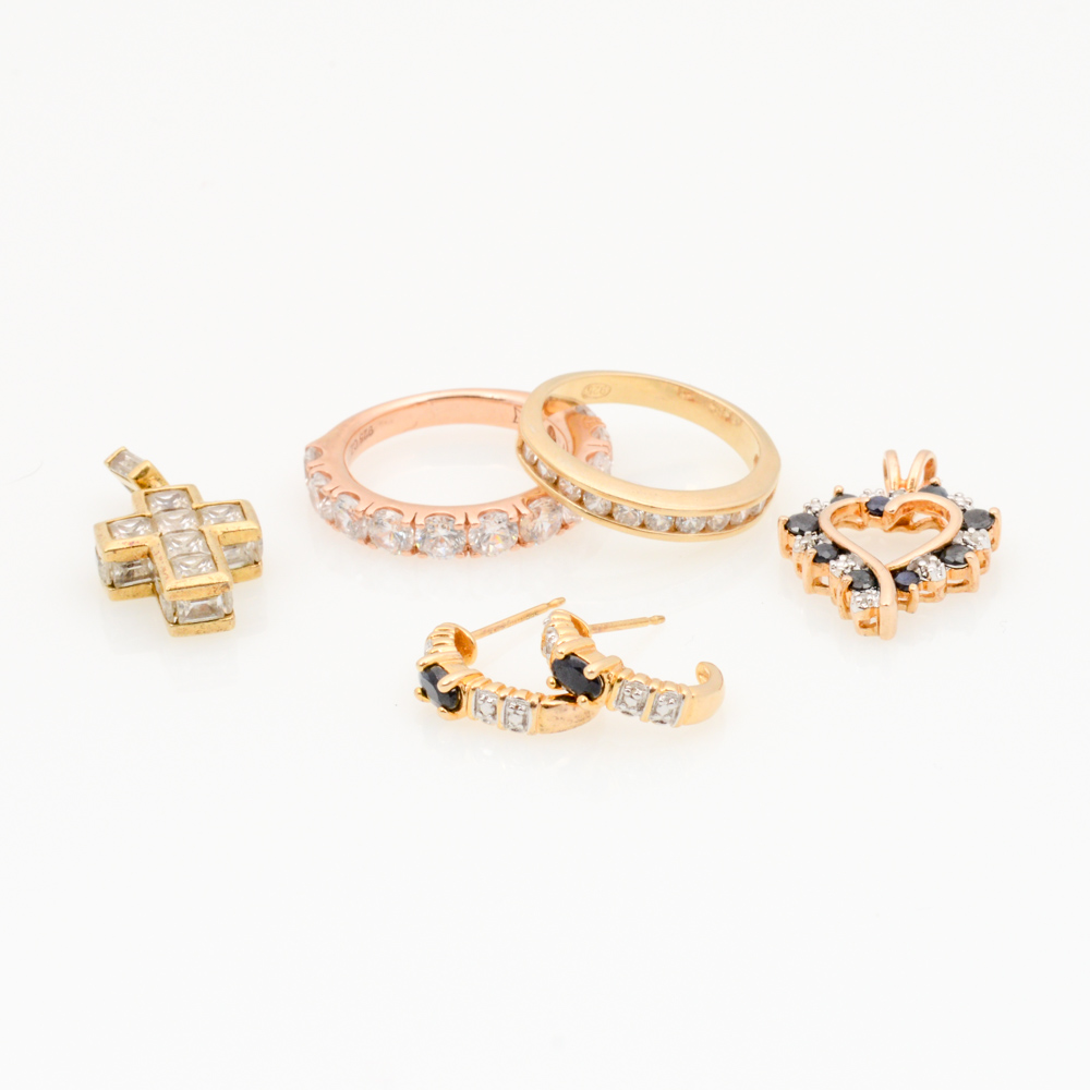 Gold Plated Sterling Silver Sapphire, Diamond, and Cubic Zirconia Jewelry