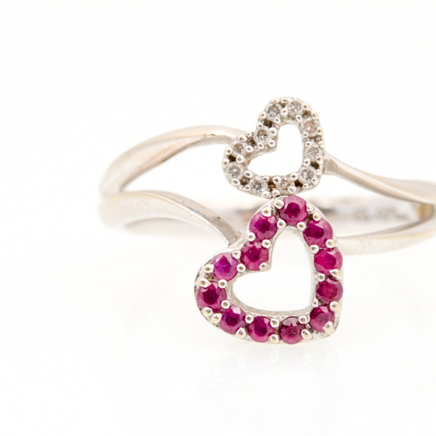 14K White Gold Diamond and Ruby Ring