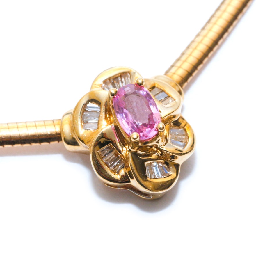 14K Yellow Gold Pink Sapphire and Diamond Floral Necklace