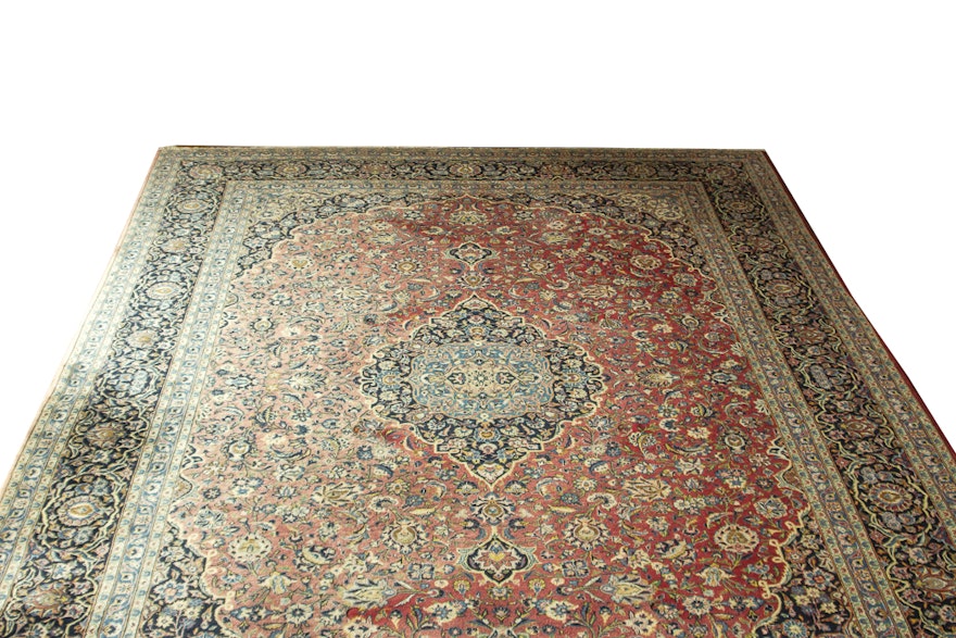 Large Hand-Knotted and Signed Kashan Wool Area Rug