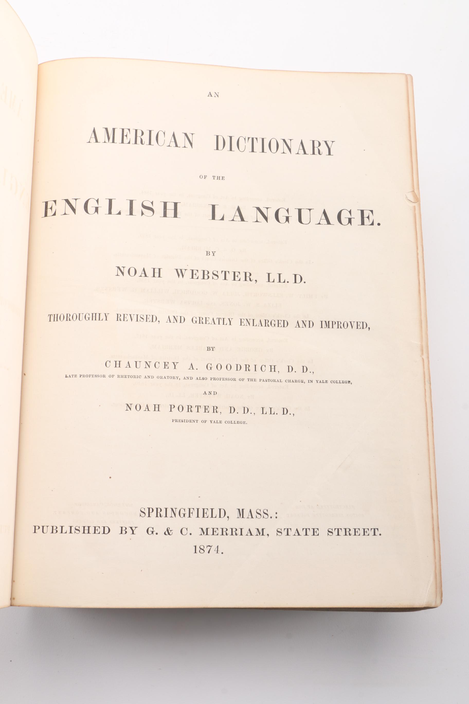 1874 " Webster's Dictionary Unabridged New Illustrated Edition"