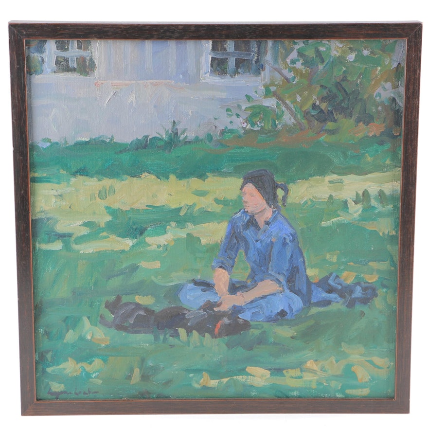 Oil Painting on Canvas of Woman With Dog