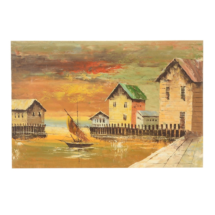 Linder Signed Original Oil on Canvas of Harbor Scene