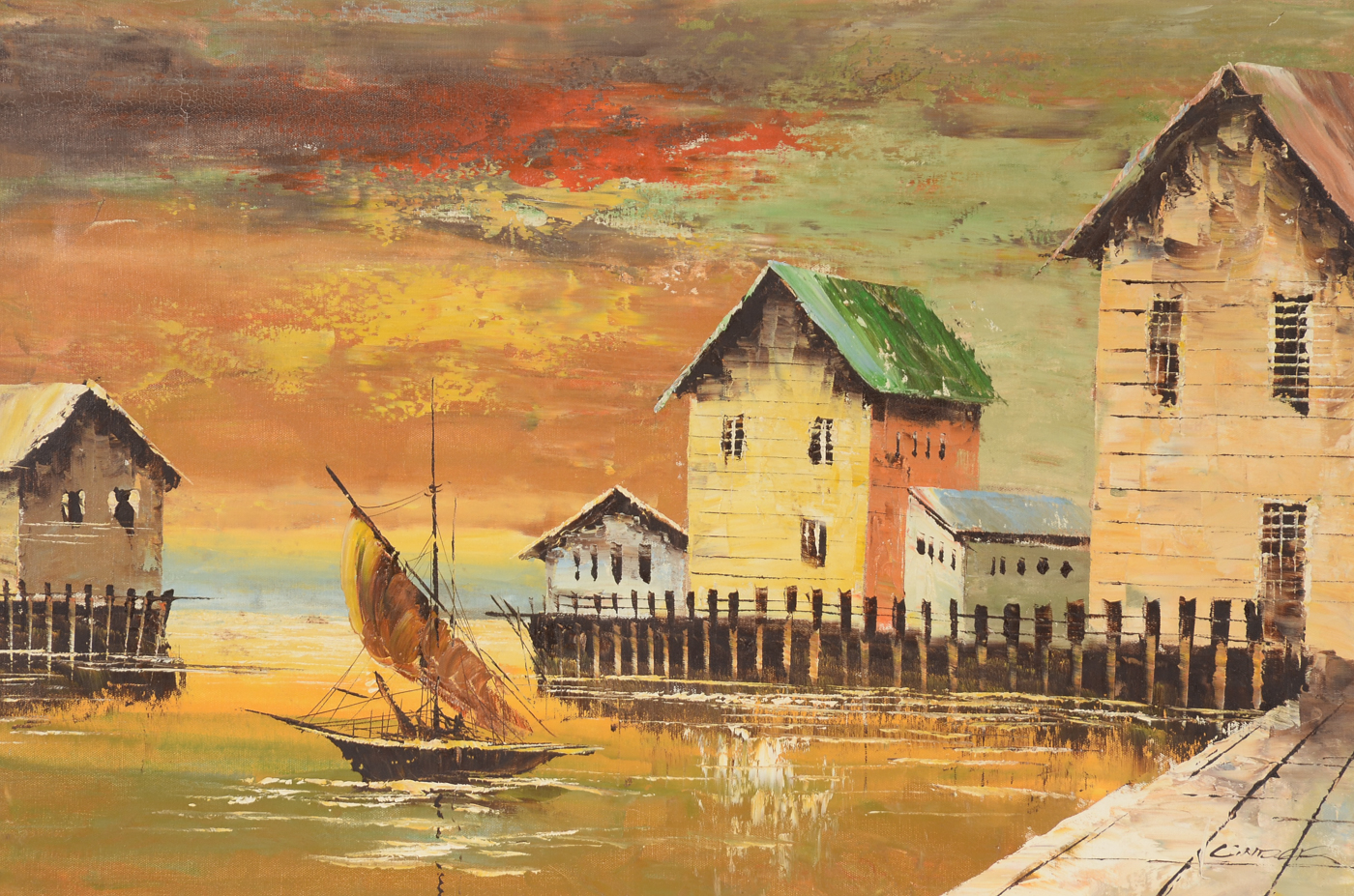 Linder Signed Original Oil on Canvas of Harbor Scene