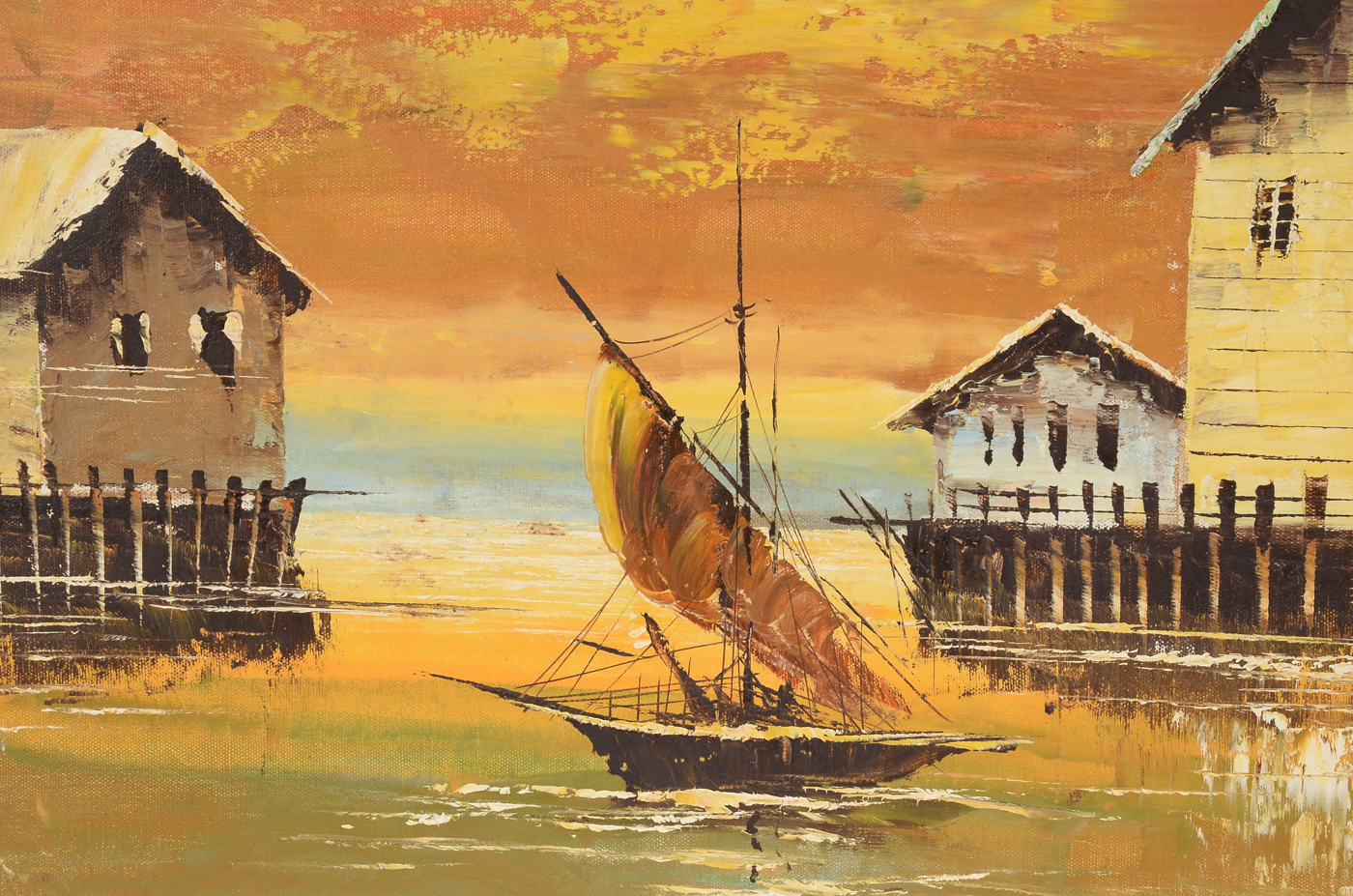 Linder Signed Original Oil on Canvas of Harbor Scene