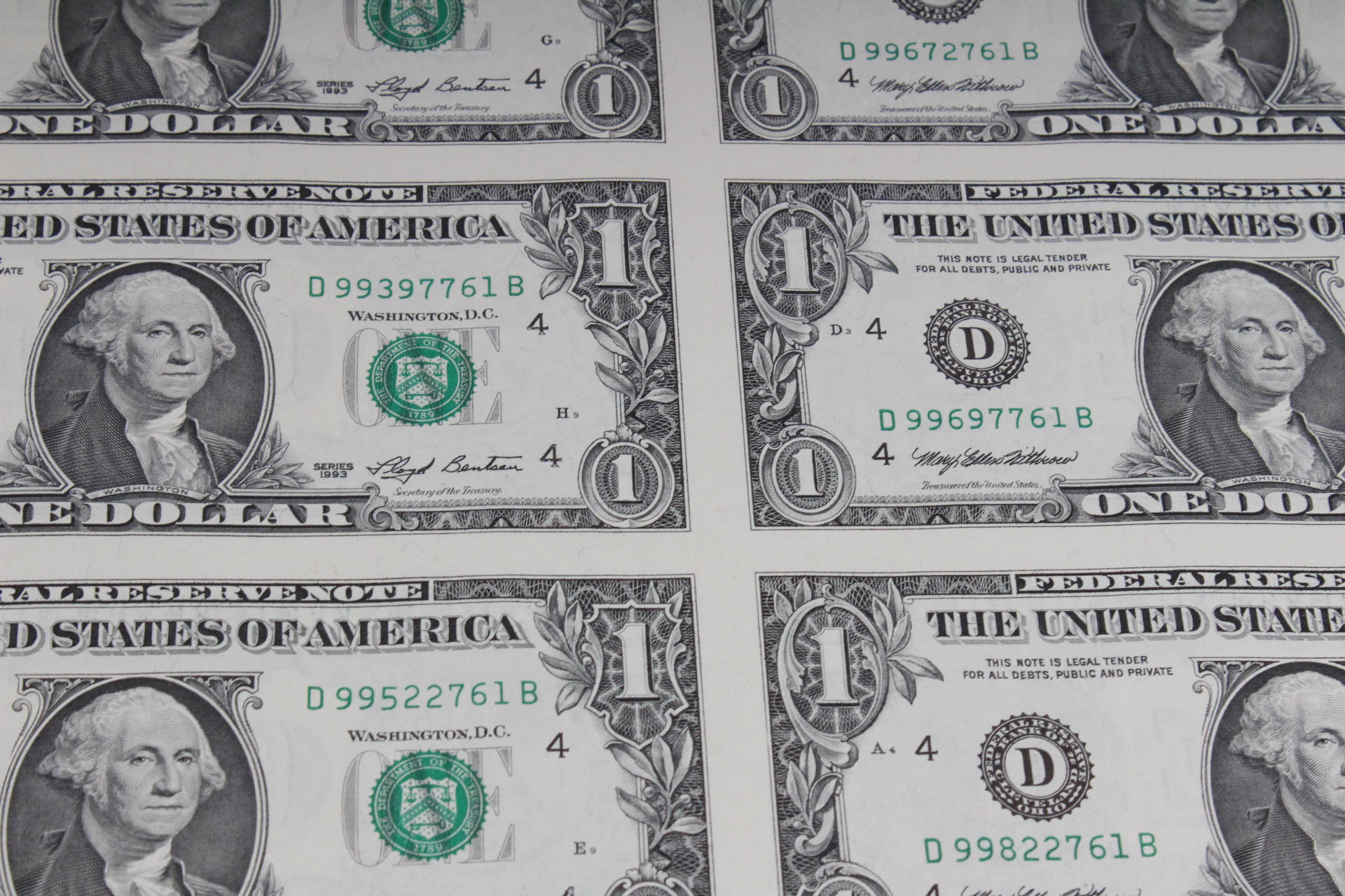 U.S. Mint Uncut One Dollar Bill Sheet