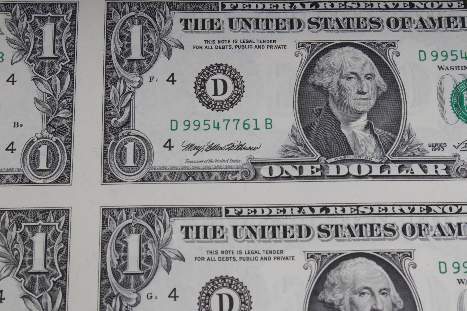 U.S. Mint Uncut One Dollar Bill Sheet