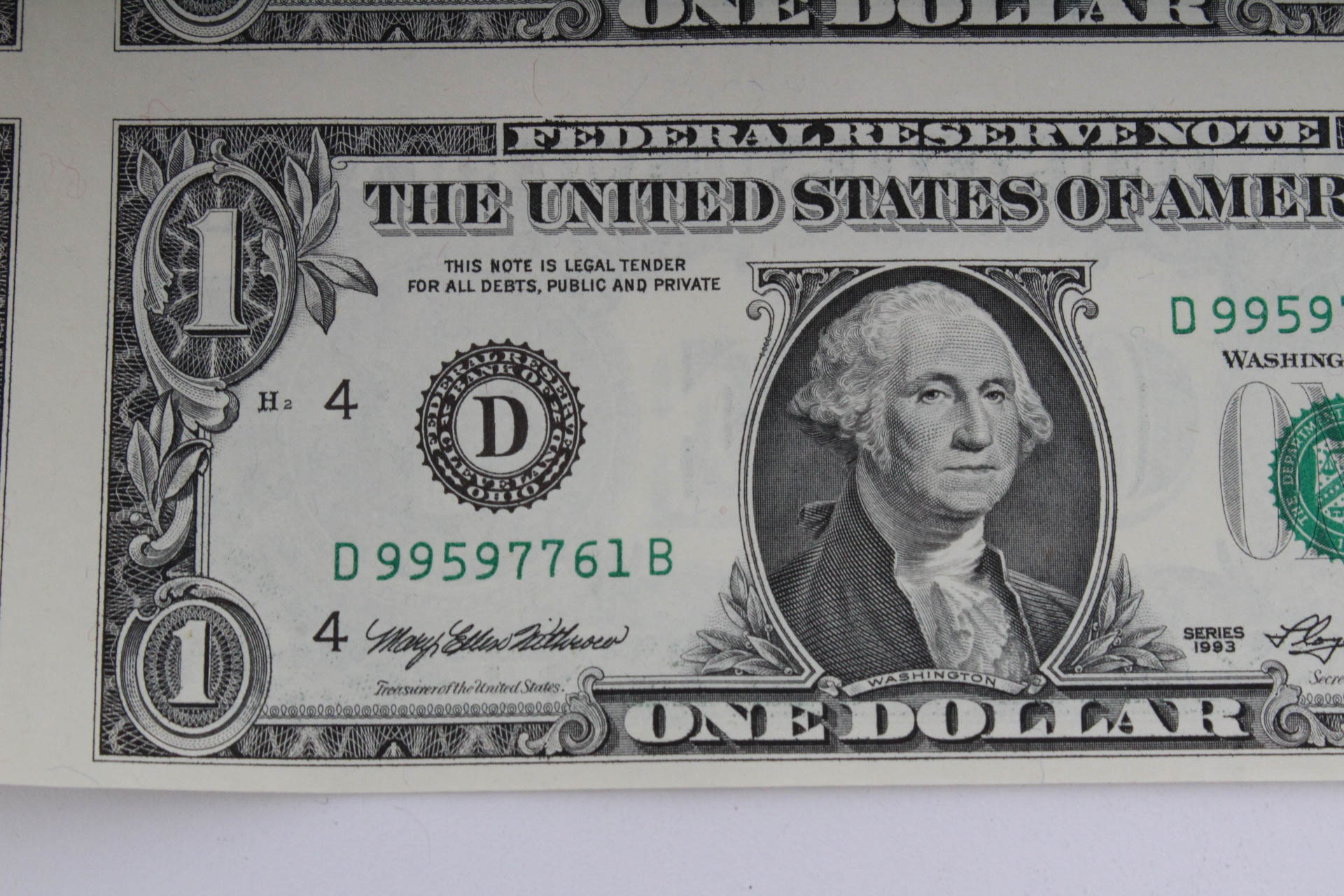 U.S. Mint Uncut One Dollar Bill Sheet
