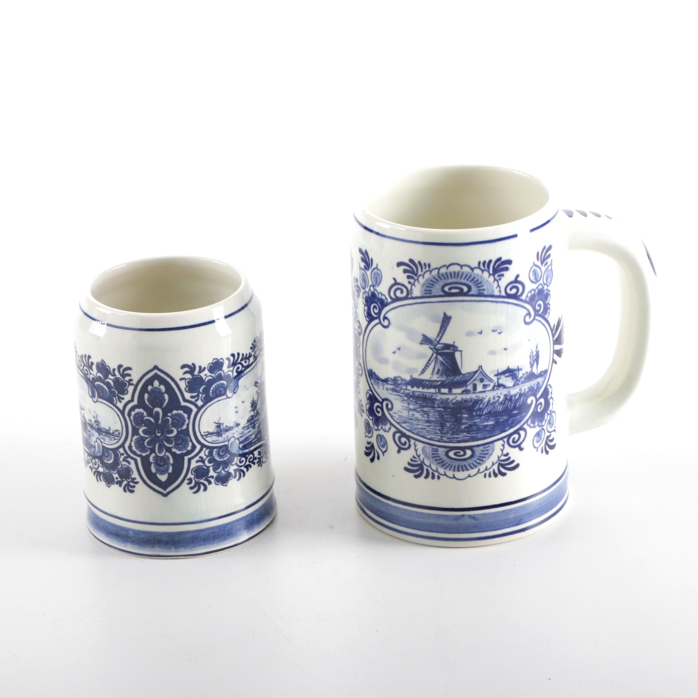 Pair of Hand-Painted Delft Blue Mugs