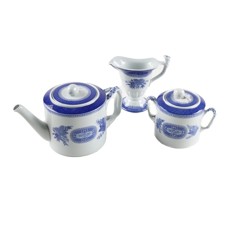 Spode Fitzhugh Blue and White Teapot, Creamer and Covered Sugar