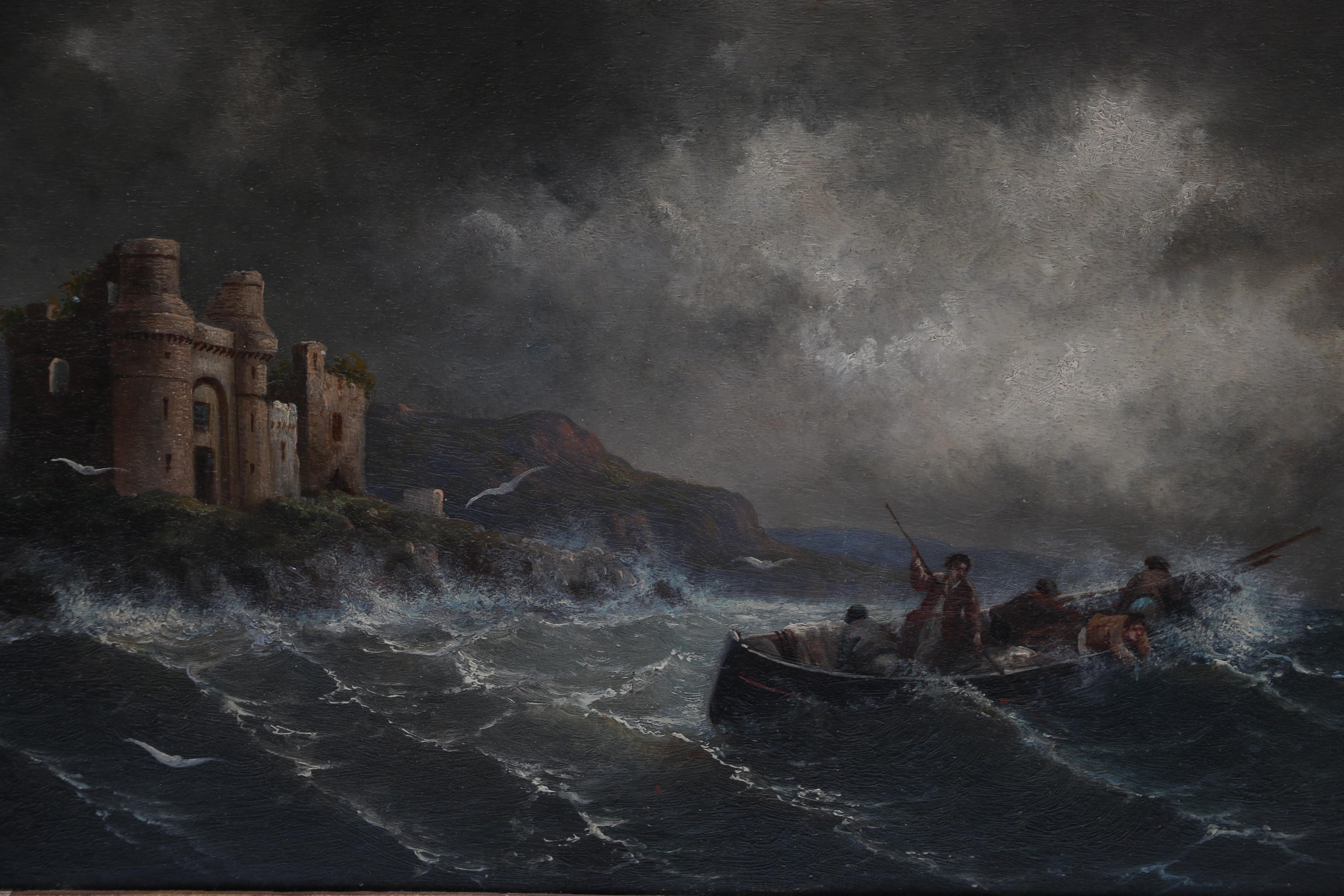 1881 A. Rueff Original Oil Painting of Sailors Before a Fortress Ruin