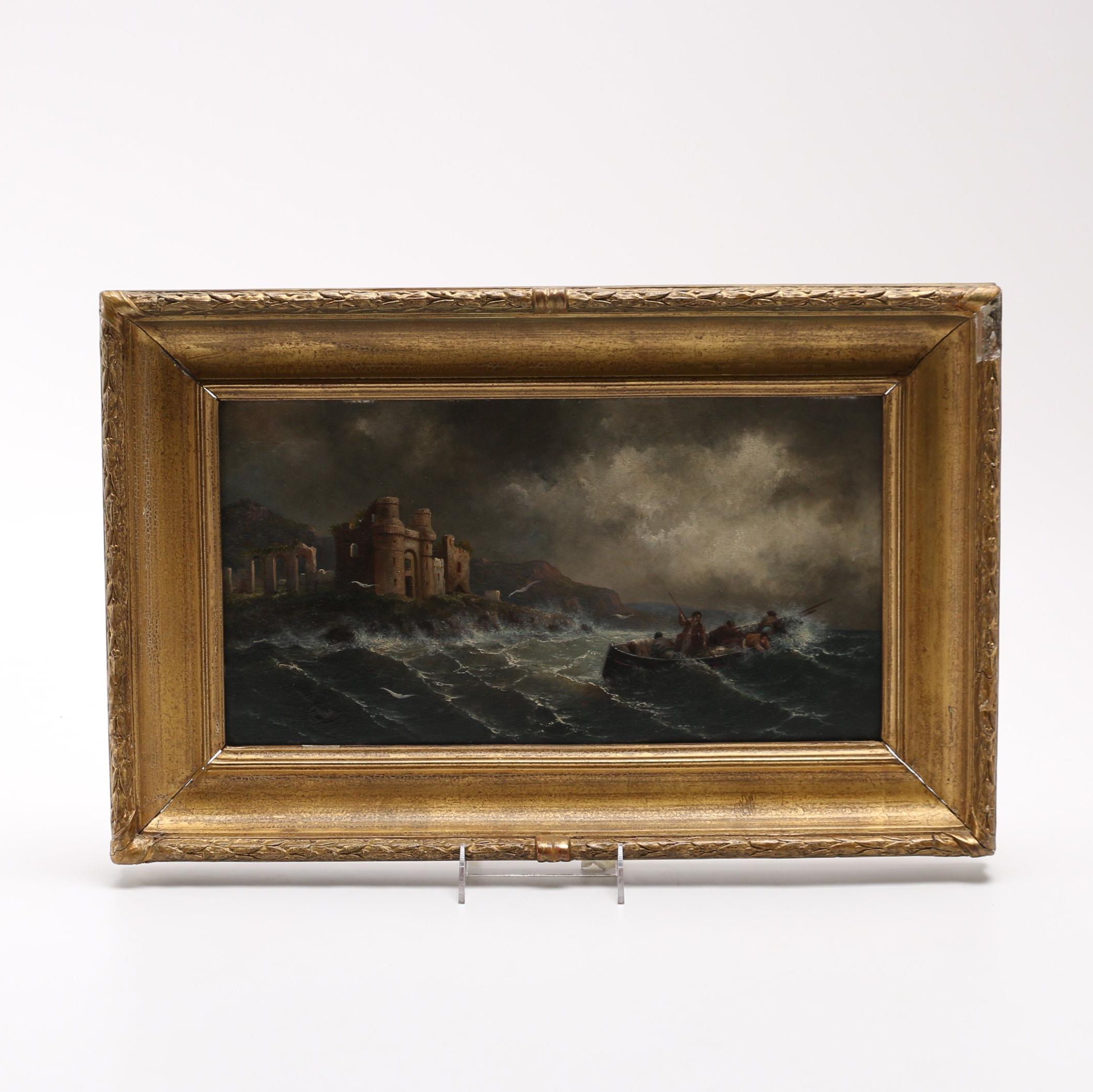 1881 A. Rueff Original Oil Painting of Sailors Before a Fortress Ruin