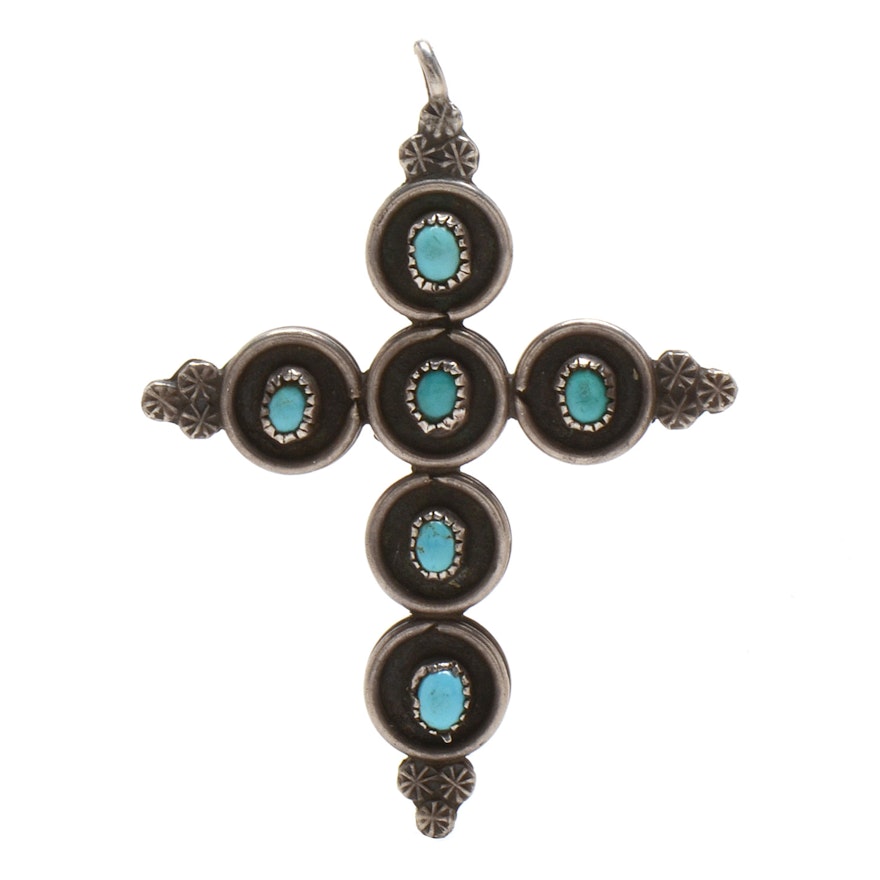 Sterling Silver Turquoise and Coral Reversible Cross Pendant