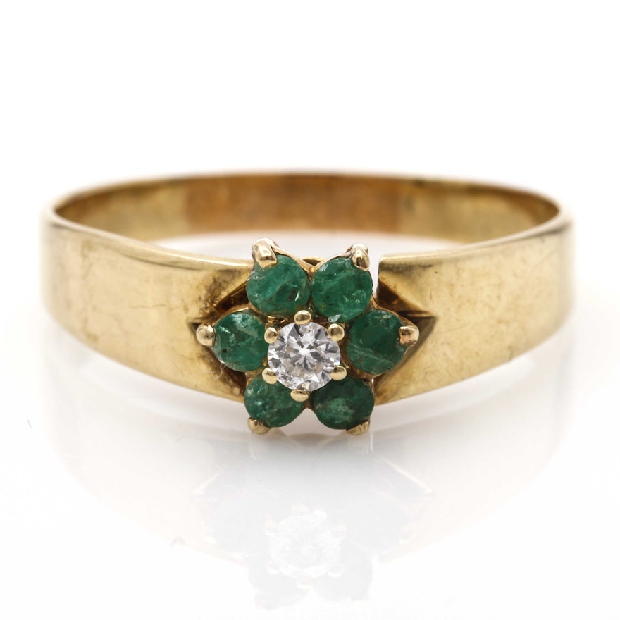 14K Yellow Gold Emerald and Diamond Floral Ring