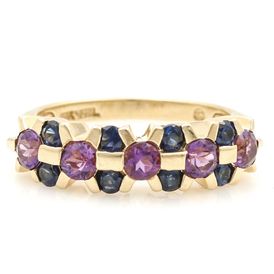 10K Yellow Gold Blue Sapphire and Amethyst Ring