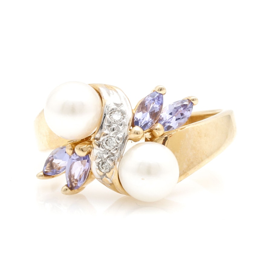 14K Yellow Gold Pearl, Tanzanite, and Diamond Ring