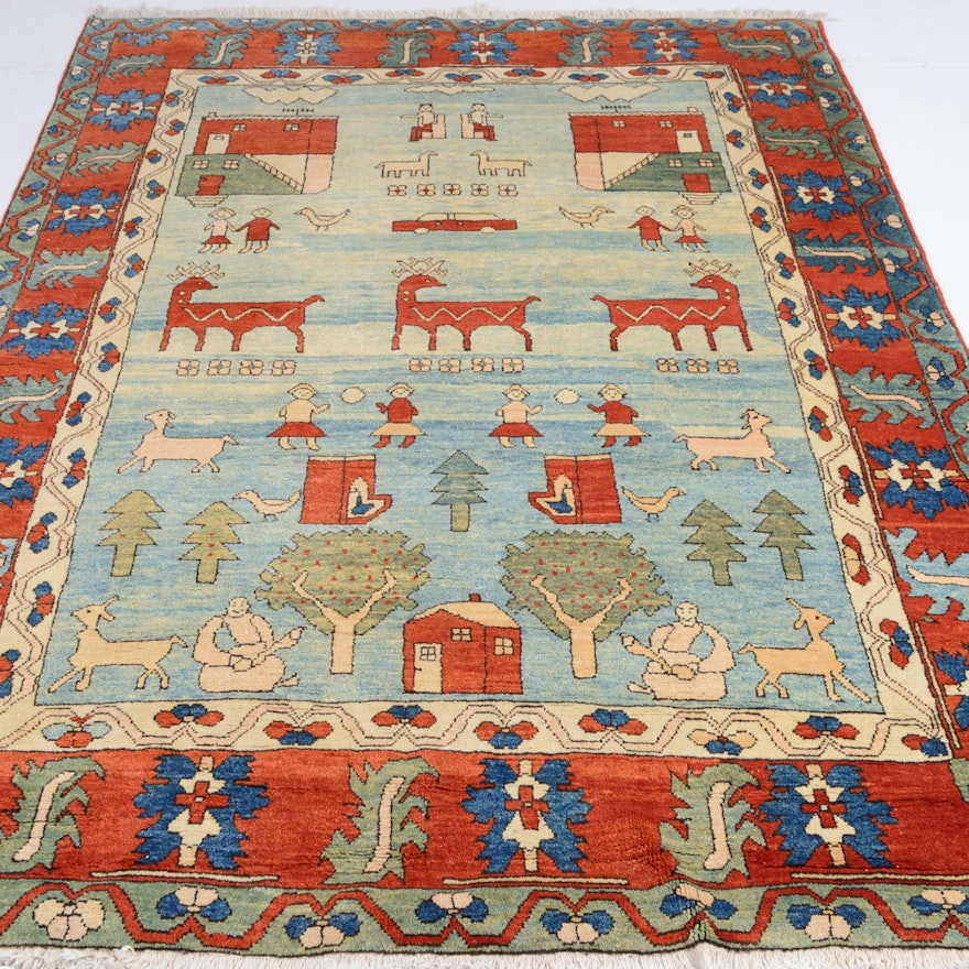 Hand Knotted Turkish Azeri Pictorial Area Rug