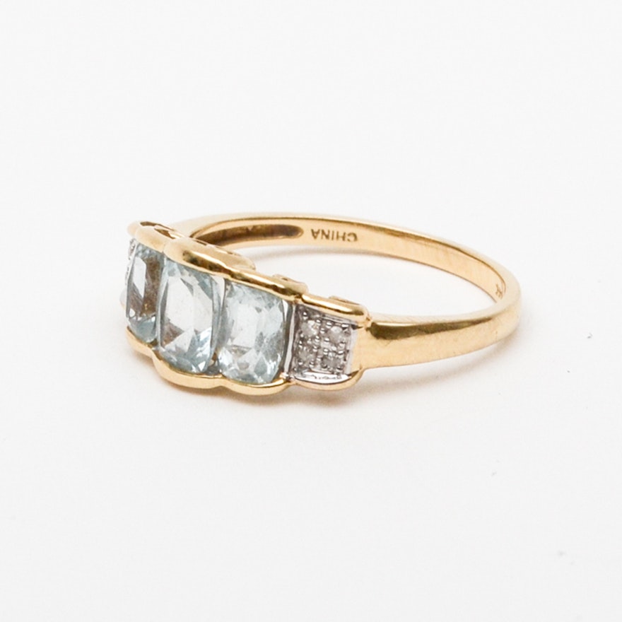 14K Gold Ring with Diamonds and Aquamarines