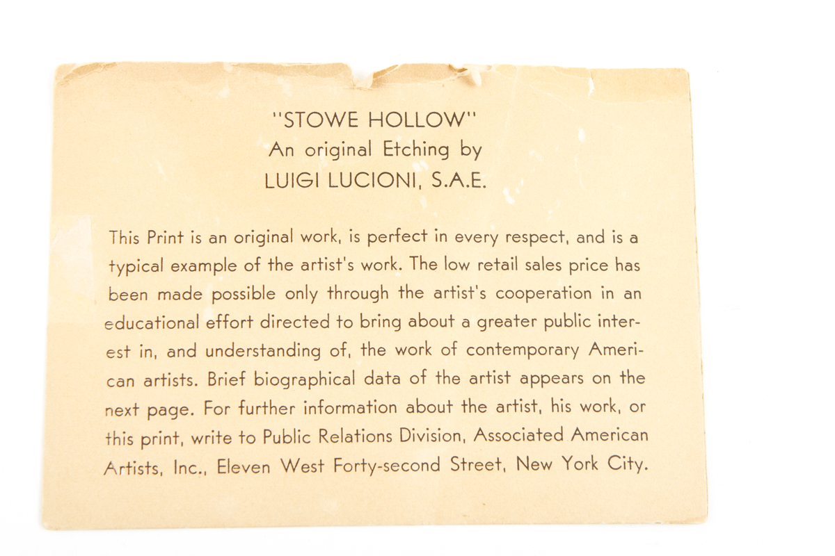 Luigi Lucioni Etching "Stowe Hollow"