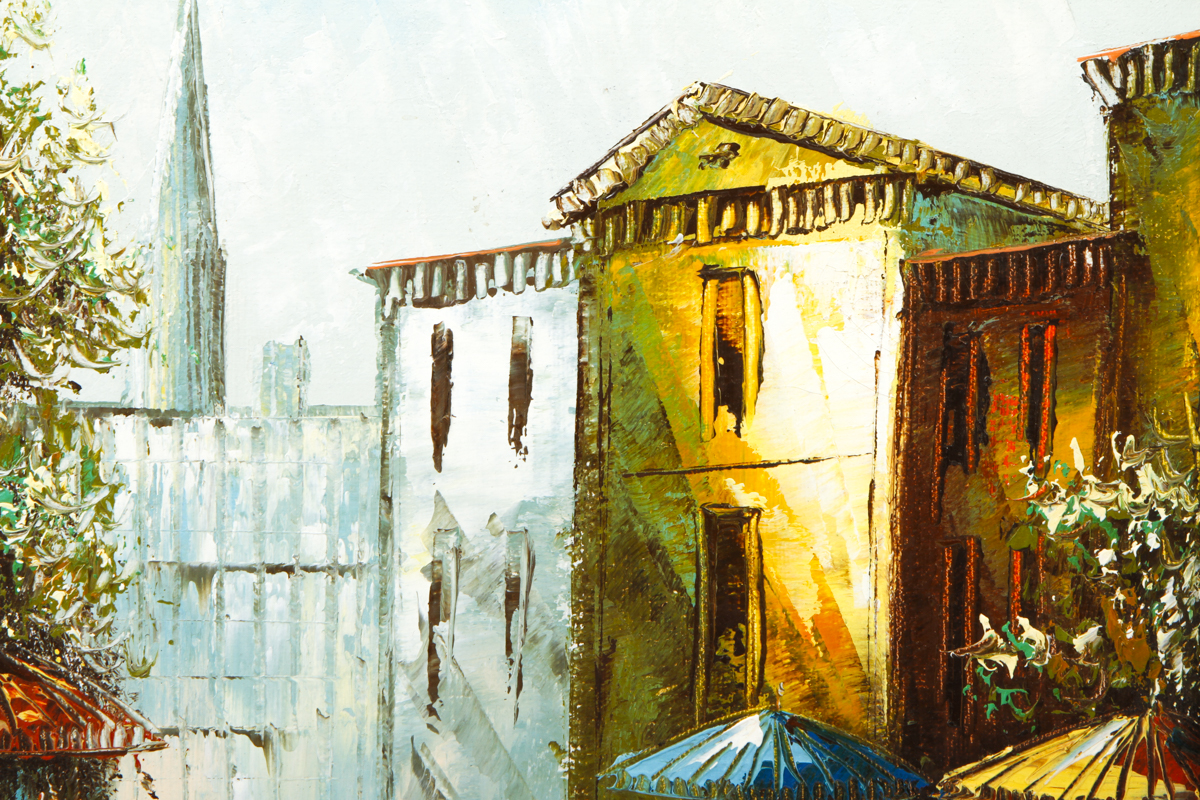 Framed Street Scene Oil Painting