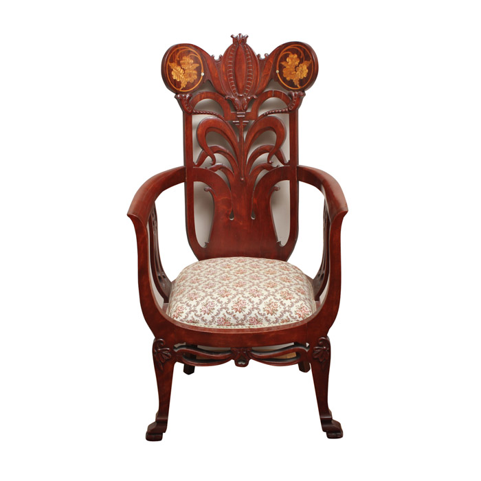 Carved Wood Arm Chair With Upholstered Seat