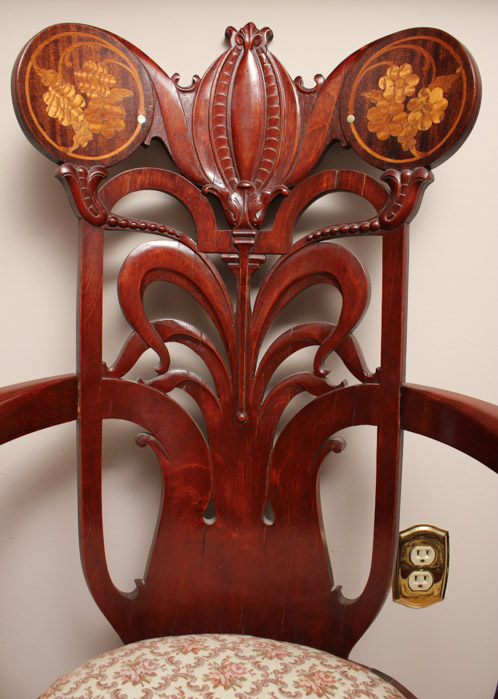 Carved Wood Arm Chair With Upholstered Seat
