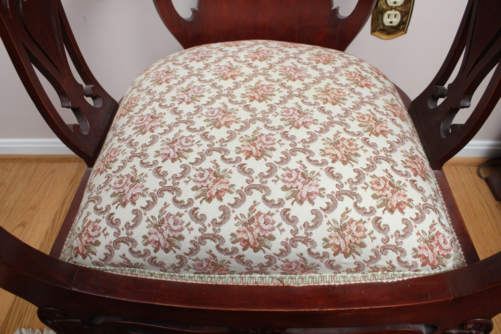 Carved Wood Arm Chair With Upholstered Seat