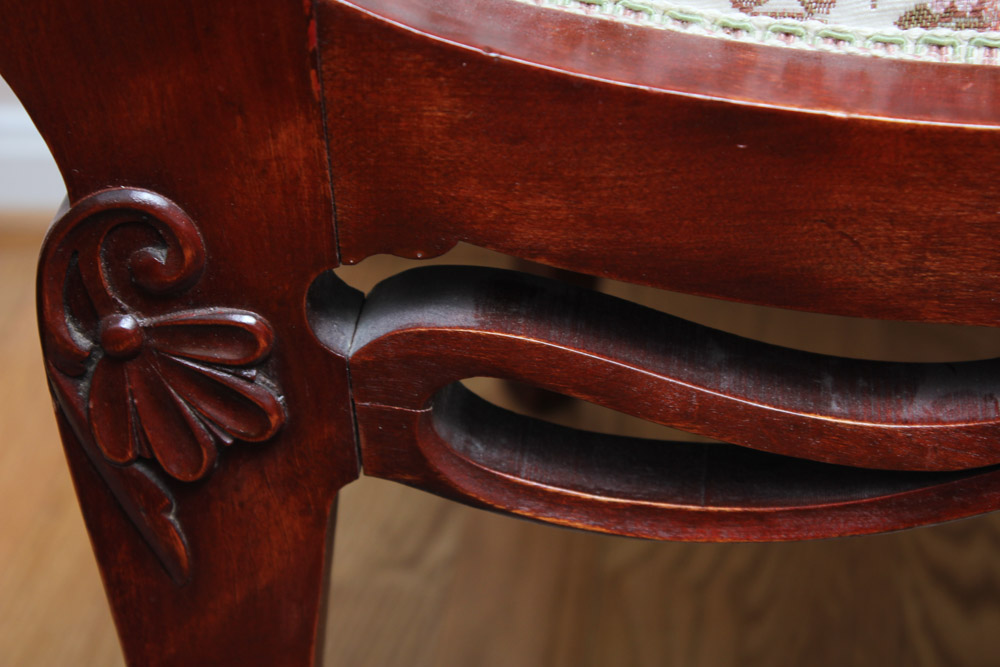 Carved Wood Arm Chair With Upholstered Seat