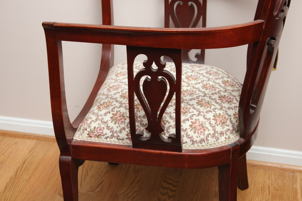 Carved Wood Arm Chair With Upholstered Seat
