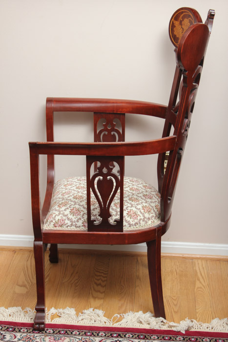 Carved Wood Arm Chair With Upholstered Seat