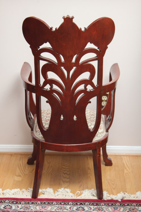 Carved Wood Arm Chair With Upholstered Seat
