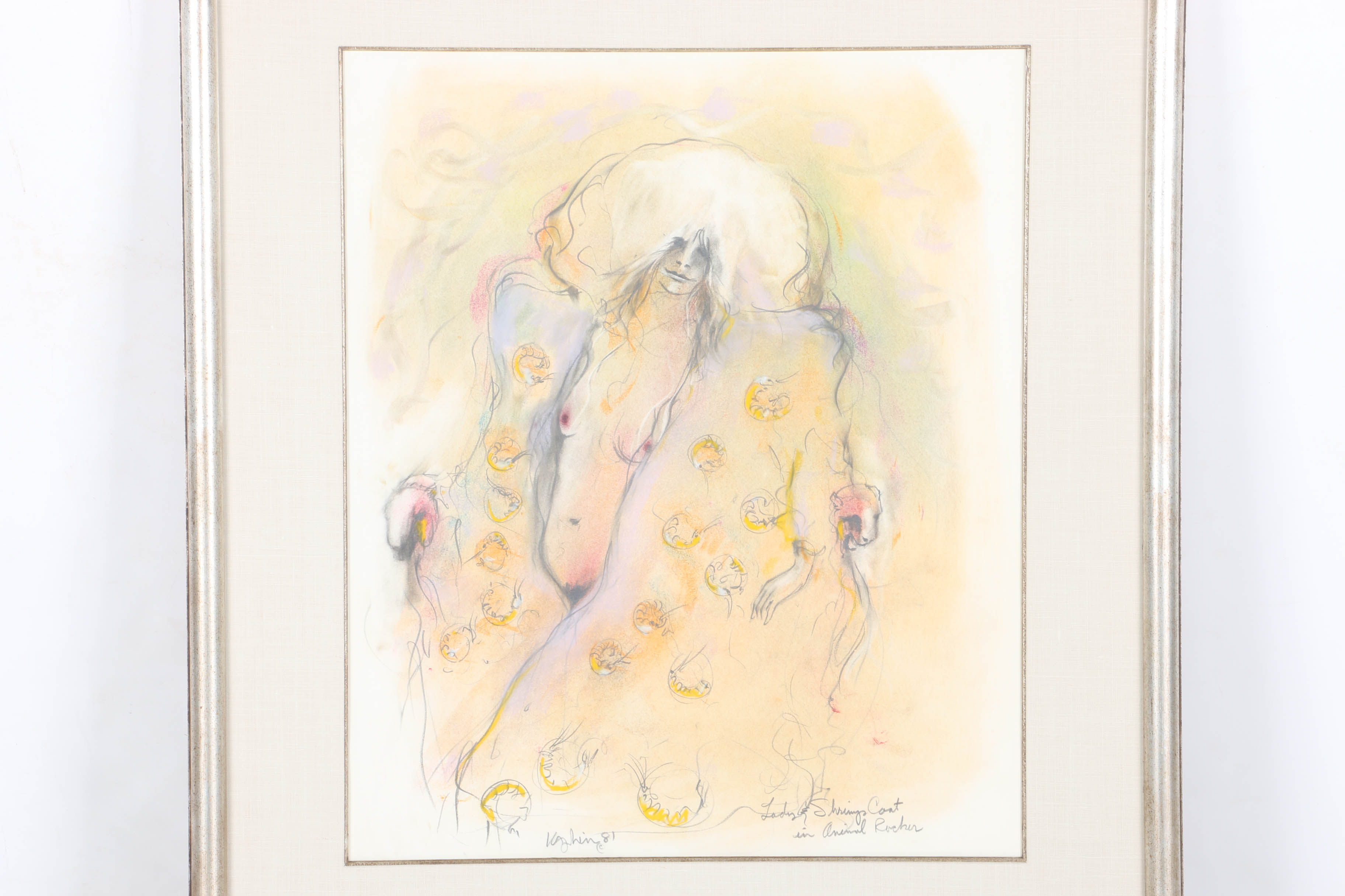 1981 Thom Kapheim Mixed Media Drawing "Lady & Shrimp Coat in Animal Rocker"