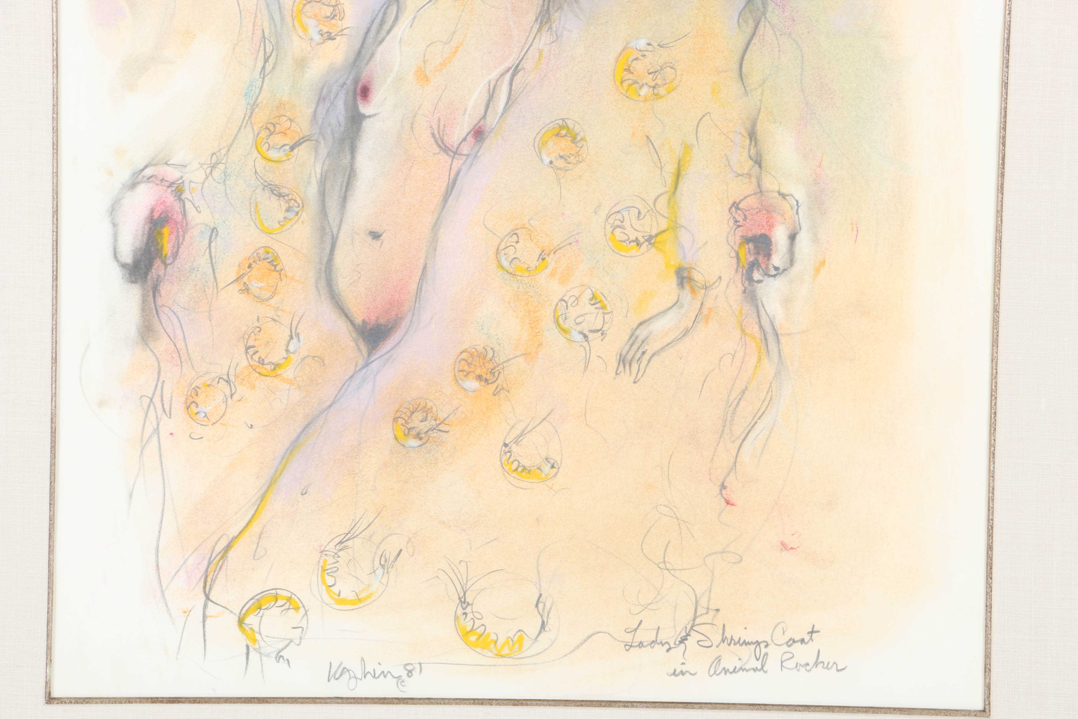 1981 Thom Kapheim Mixed Media Drawing "Lady & Shrimp Coat in Animal Rocker"