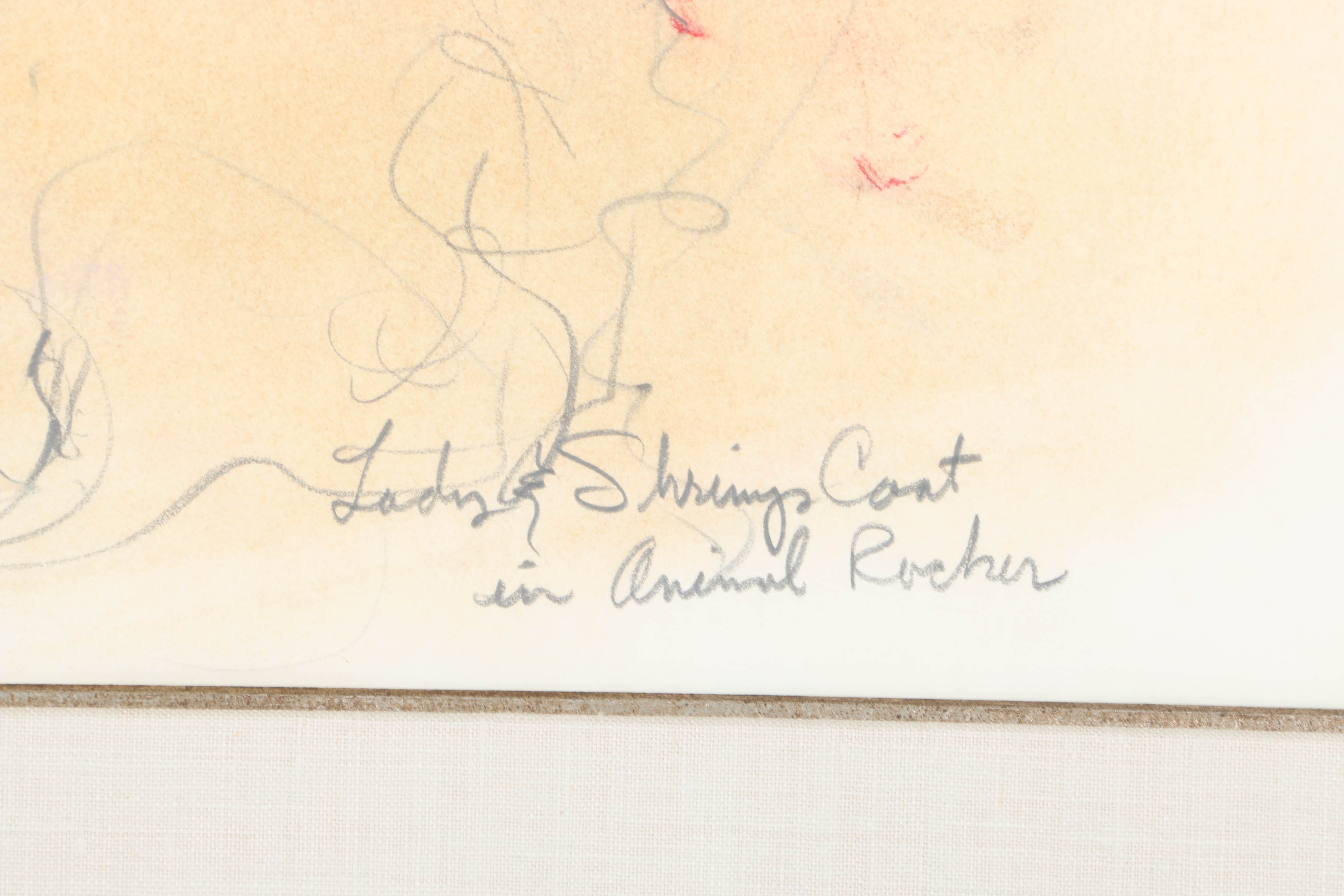 1981 Thom Kapheim Mixed Media Drawing "Lady & Shrimp Coat in Animal Rocker"