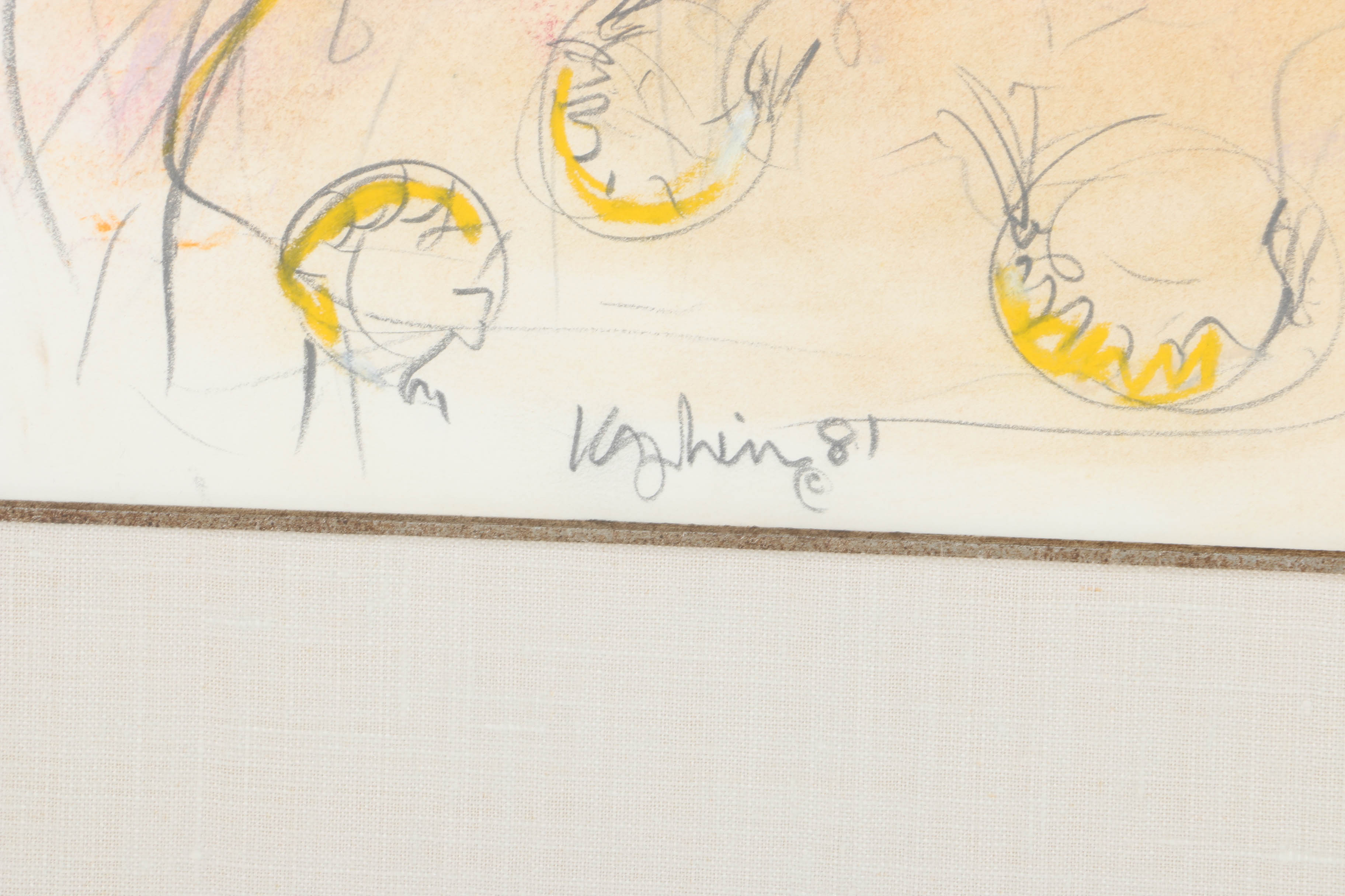 1981 Thom Kapheim Mixed Media Drawing "Lady & Shrimp Coat in Animal Rocker"