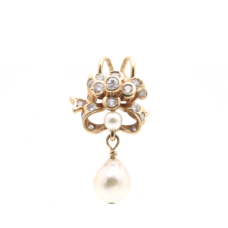 14K Yellow Gold Pearl and Diamond Pendant