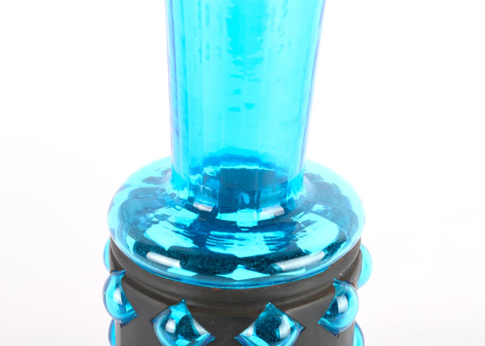 Vintage Blue Glass and Metal Wrapped Vase